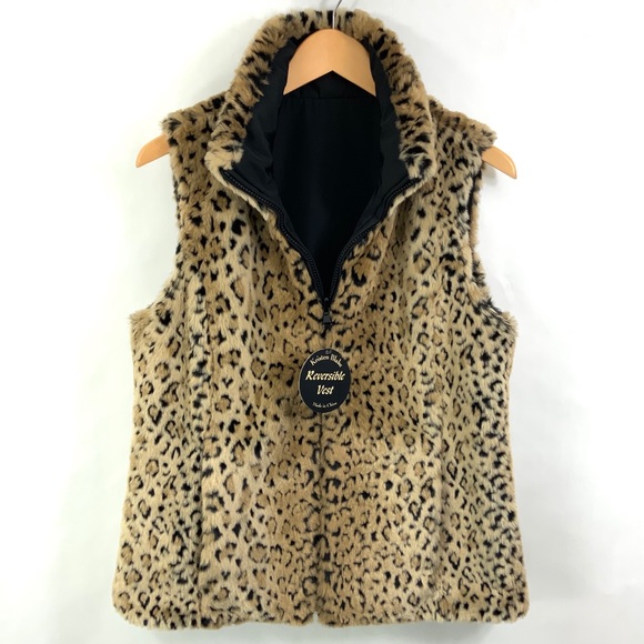 KRISTEN BLAKE Vest Small Black Reversible Zip Up Faux Leopard Fur Vest J1 - Picture 1 of 5